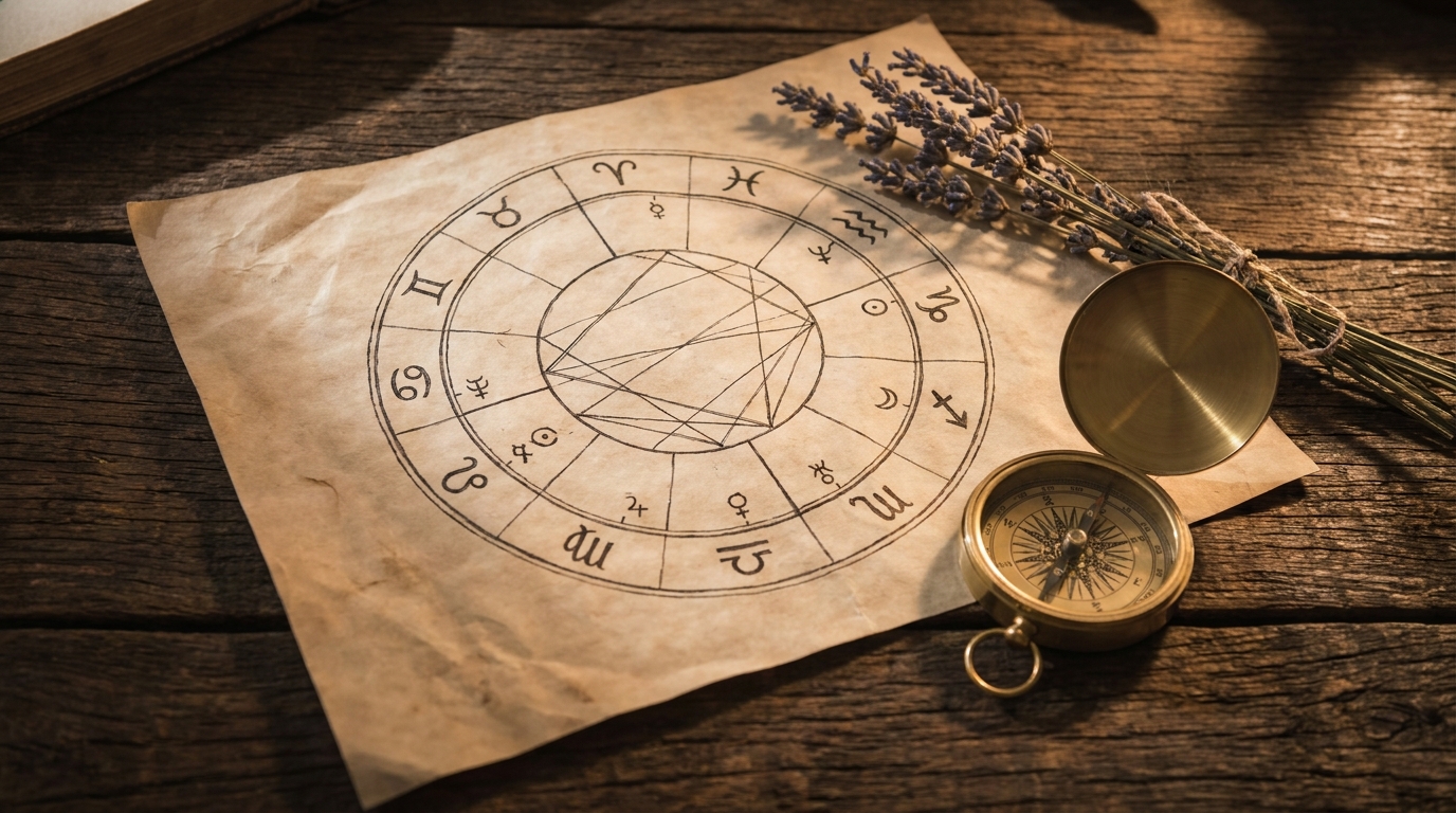 Carte astrologique vintage posée sur une table en bois sombre