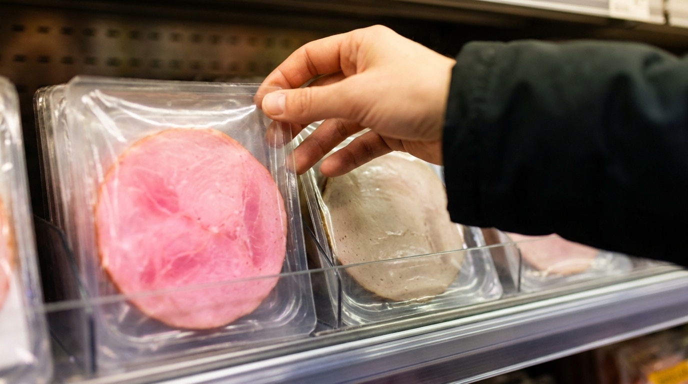 Deux paquets de jambon côte à côte en rayon réfrigéré