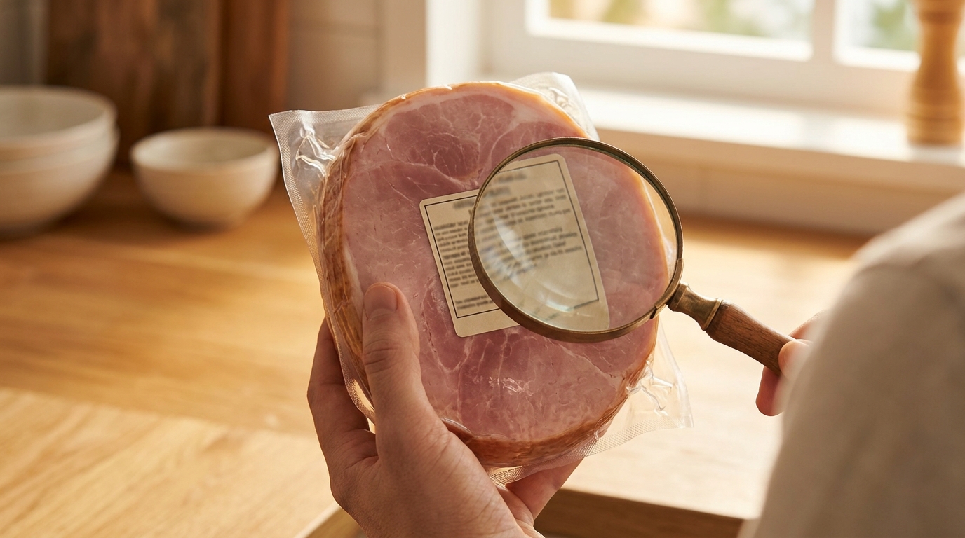 Étiquette d'ingrédients minuscule sur un emballage de jambon