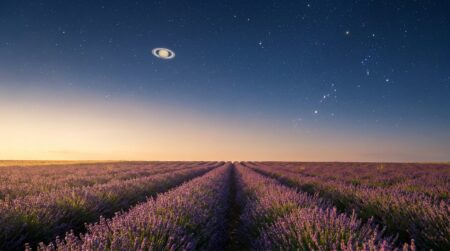 Ciel étoilé d'été avec Saturne au-dessus d'un champ de lavande