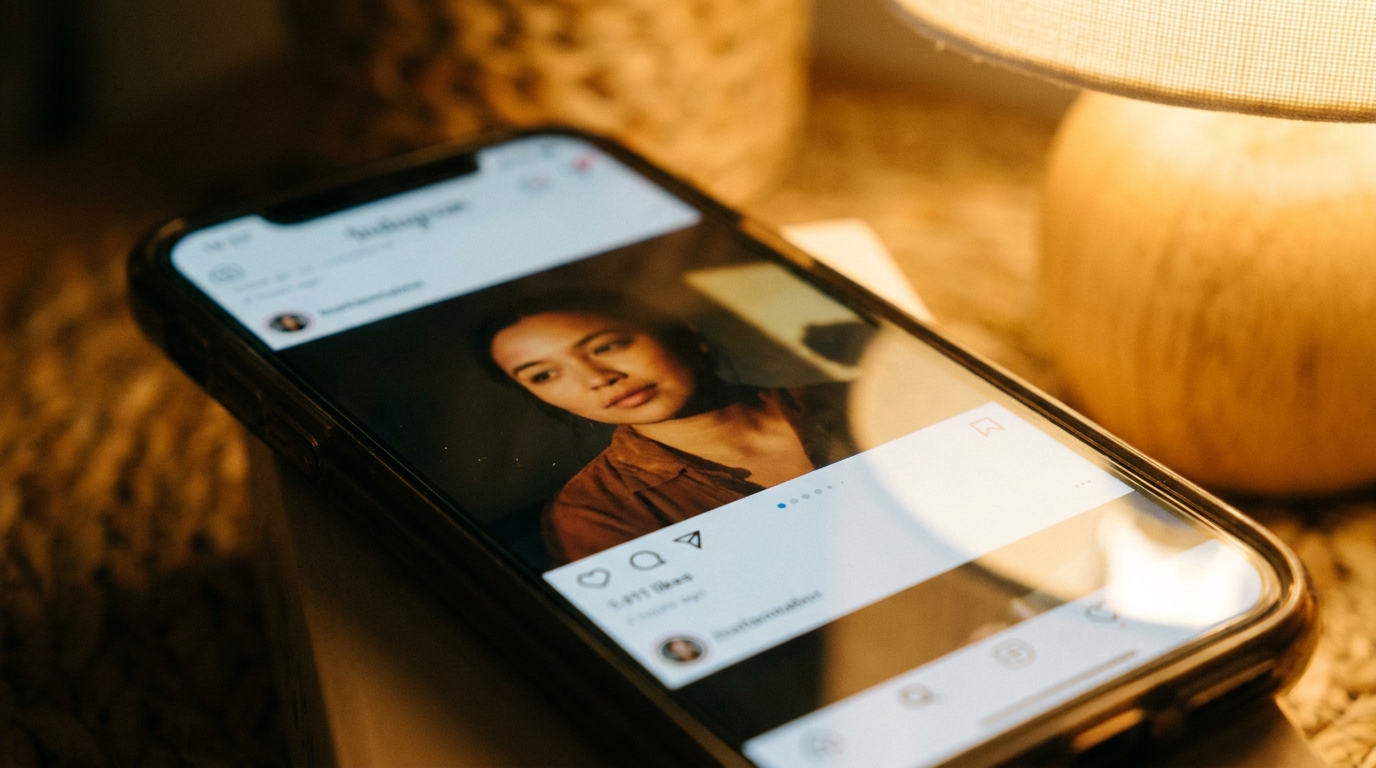 Écran de smartphone affichant un carrousel photo sur Instagram, symbolisant l'officialisation de la relation