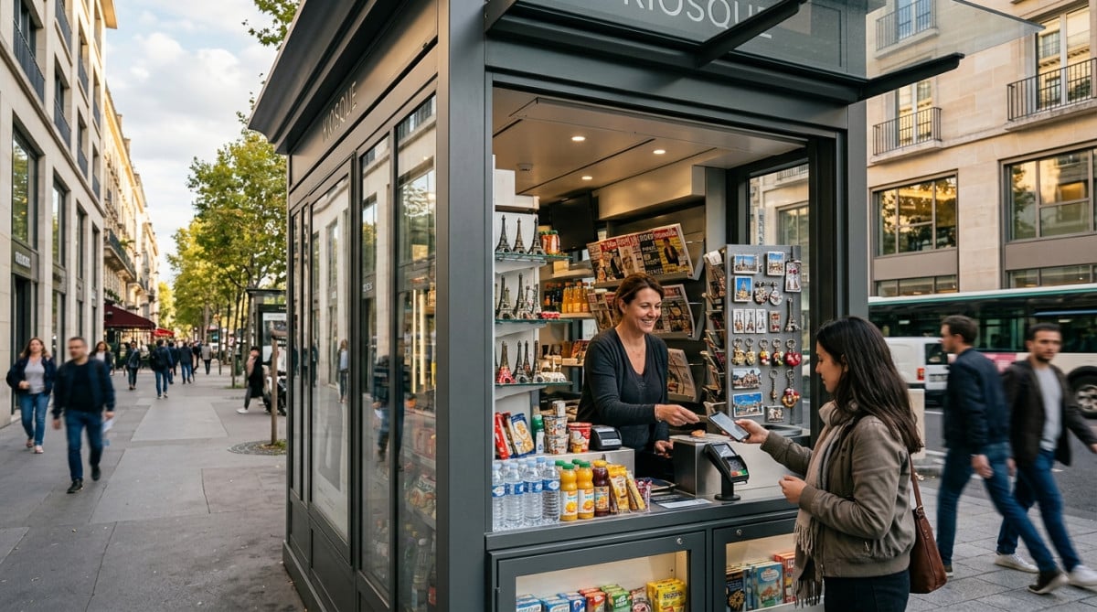 Kiosque à journaux moderne en aluminium et verre à Paris en 2026