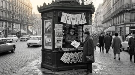 Kiosque à journaux parisien en fonte verte dans les années 1960