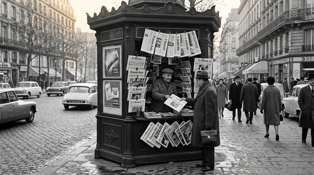 Kiosque à journaux parisien en fonte verte dans les années 1960