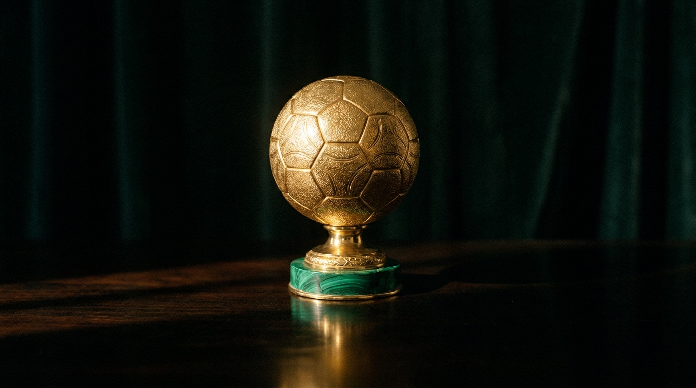 Trophée du Ballon d'Or posé sur une surface sombre