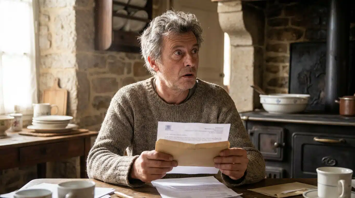 Homme stupéfait lisant un courrier officiel à sa table de cuisine