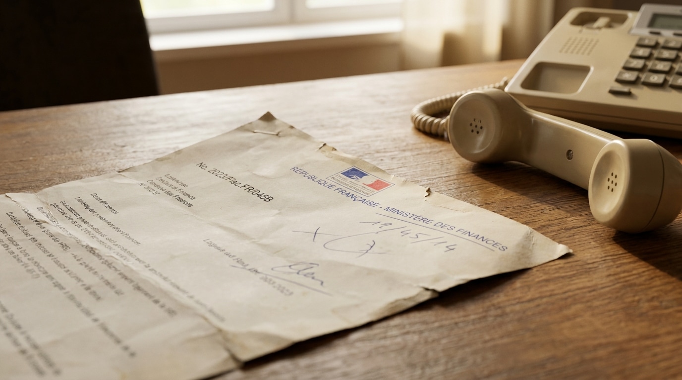 Courrier administratif froissé posé sur un bureau à côté d'un téléphone
