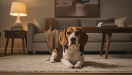 Beagle allongé dans un salon éclairé la nuit