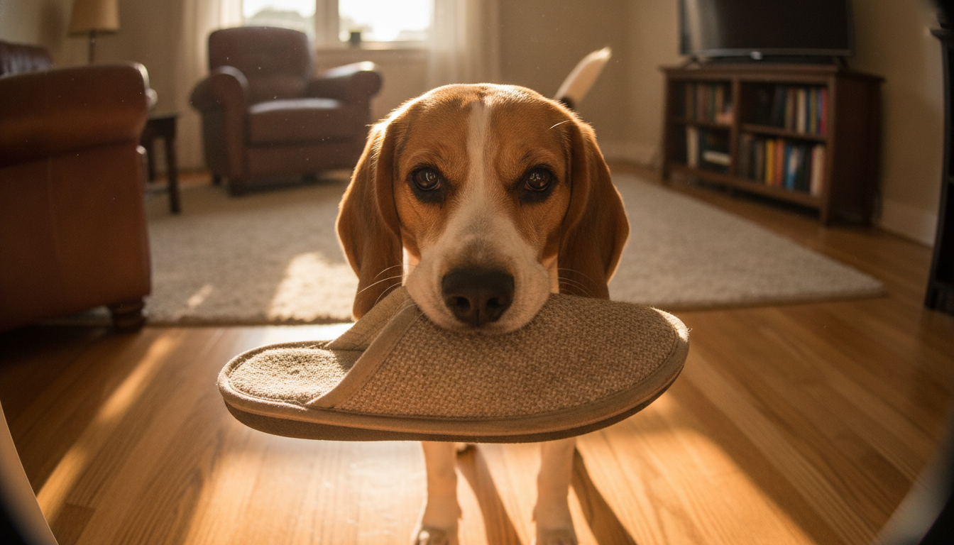 Beagle tenant délicatement un chausson dans sa gueule