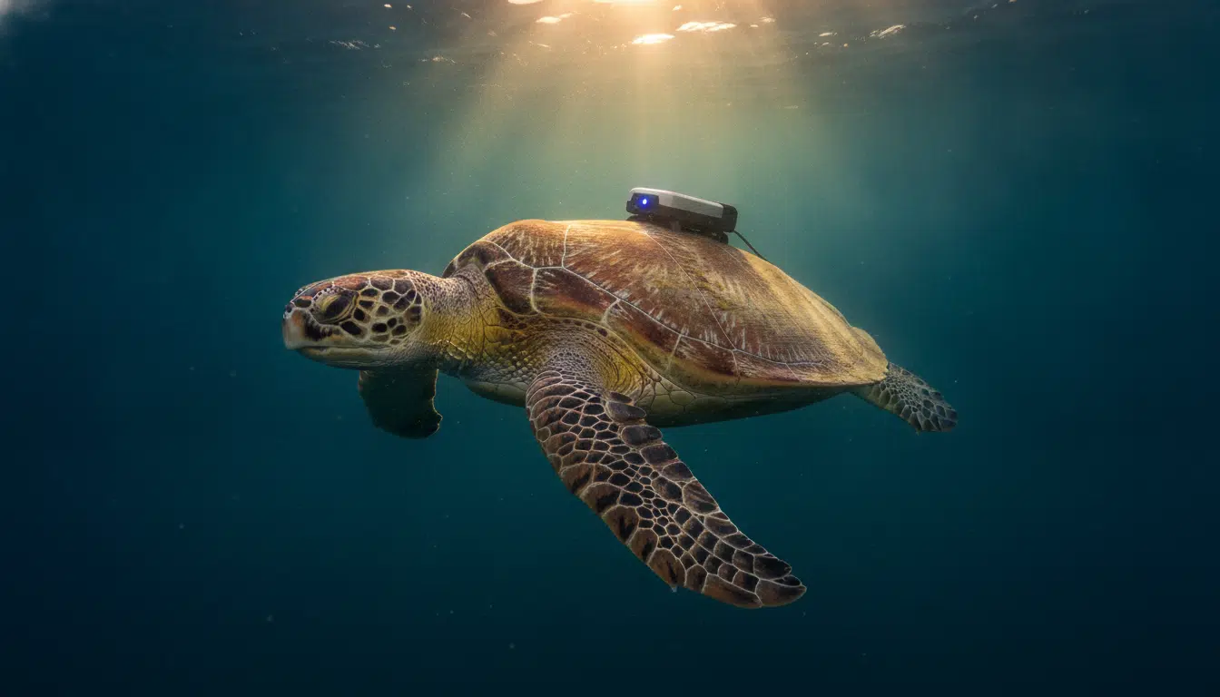 Tortue marine équipée d'un capteur espion sous l'eau