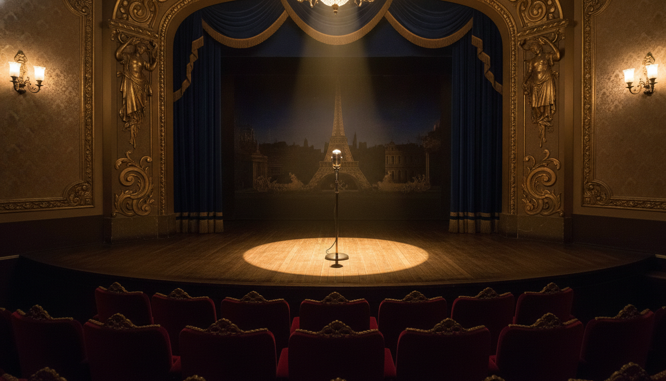 Scène d'un cinéma parisien éclairée par un projecteur chaud lors d'une soirée privée