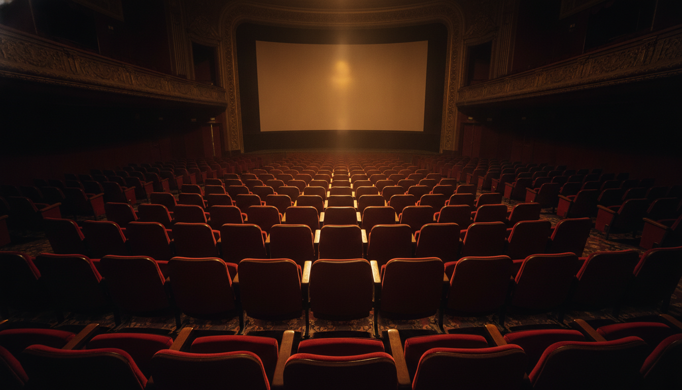Salle de cinéma plongée dans l'obscurité avec le reflet doré de l'écran sur les fauteuils lors d'une projection privée