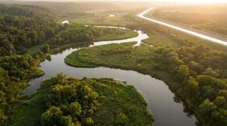 Rivière sinueuse aux méandres naturels bordée de végétation