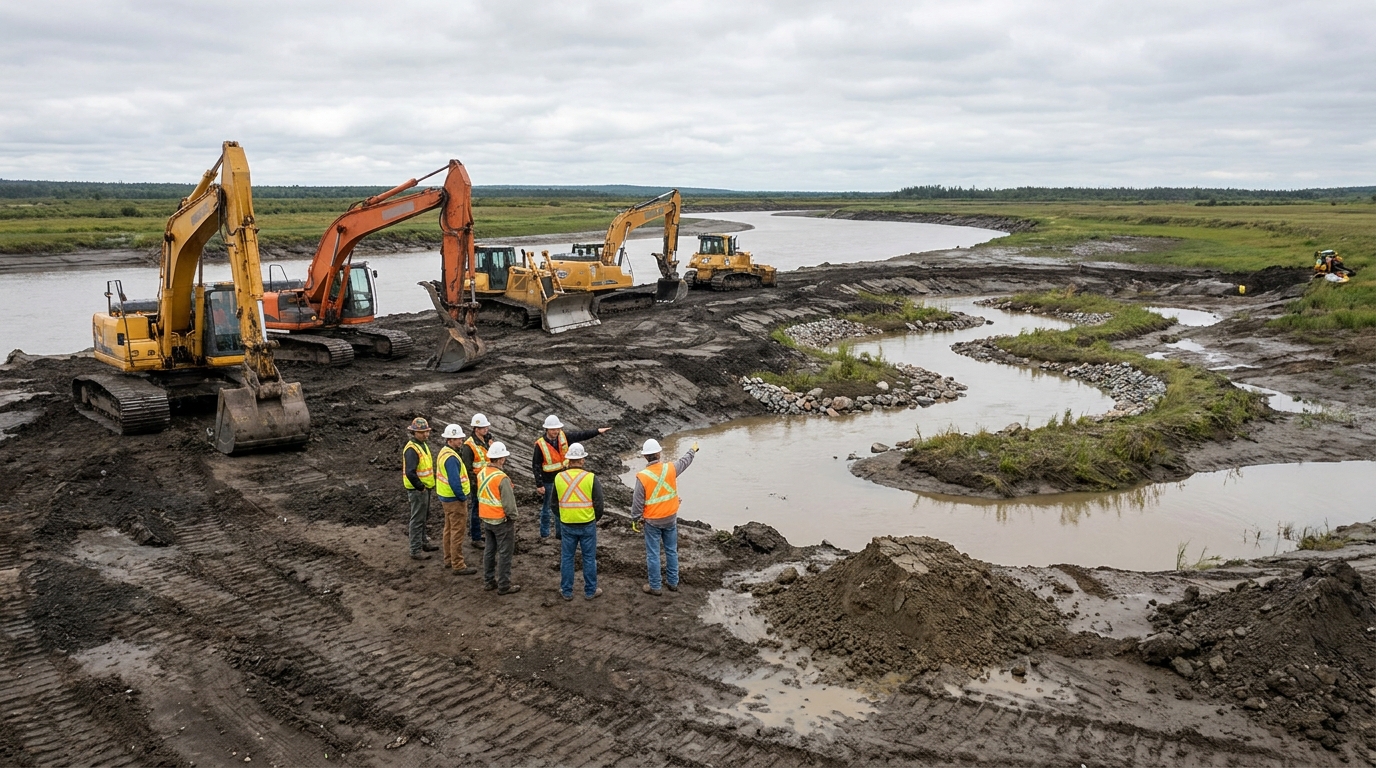 Engins de chantier sur une berge en cours de renaturation