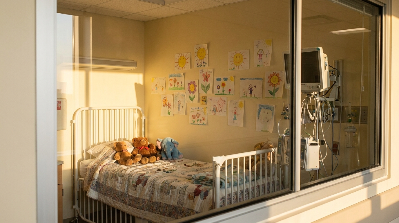 Chambre stérile d'enfant avec peluches et dessins