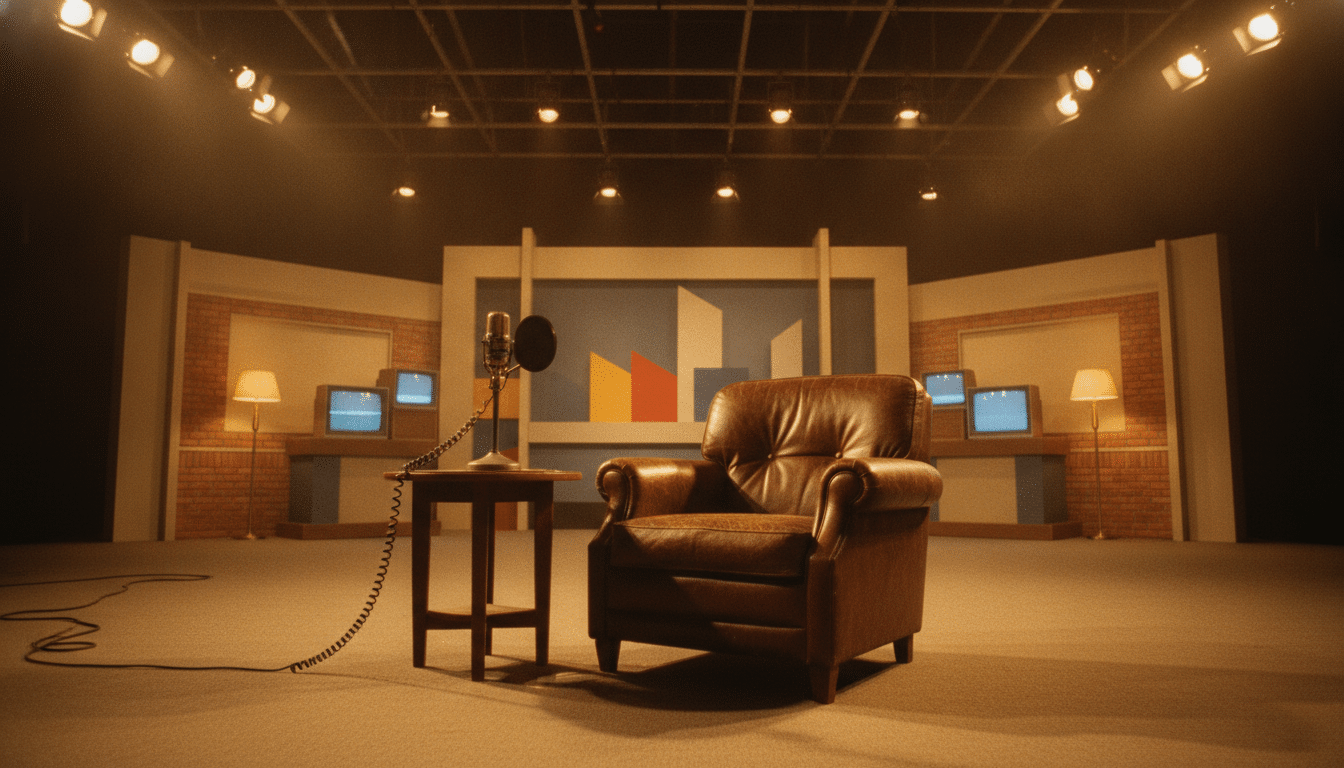 Plateau de télévision des années 1990 avec éclairage d'époque et fauteuil en cuir