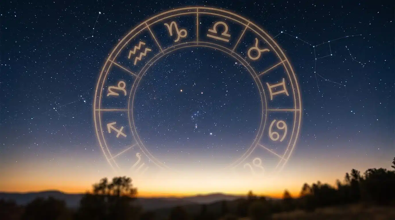 Ciel étoilé nocturne avec roue du zodiaque dorée