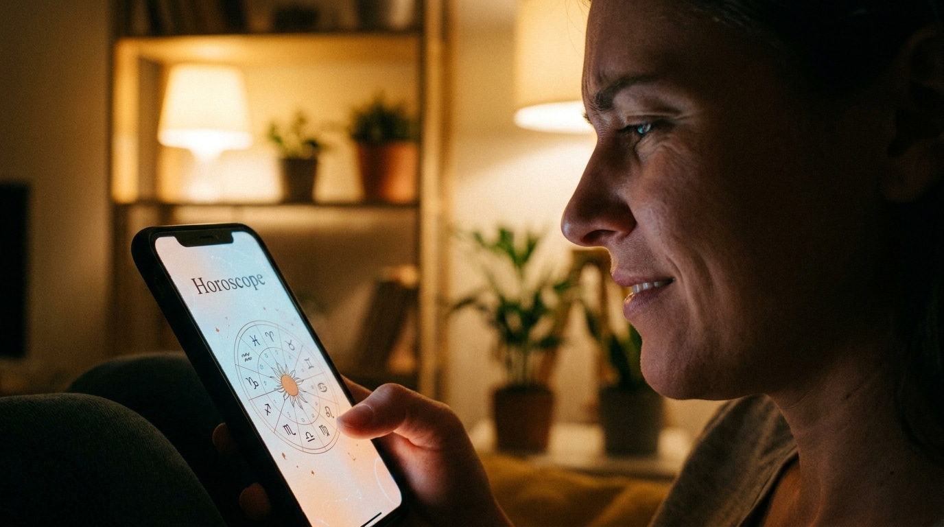 Personne consultant un horoscope sur son smartphone