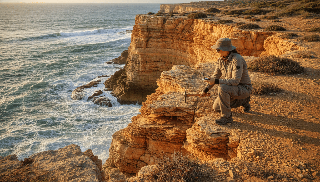 Géologue examinant des roches sur une falaise côtière au Portugal