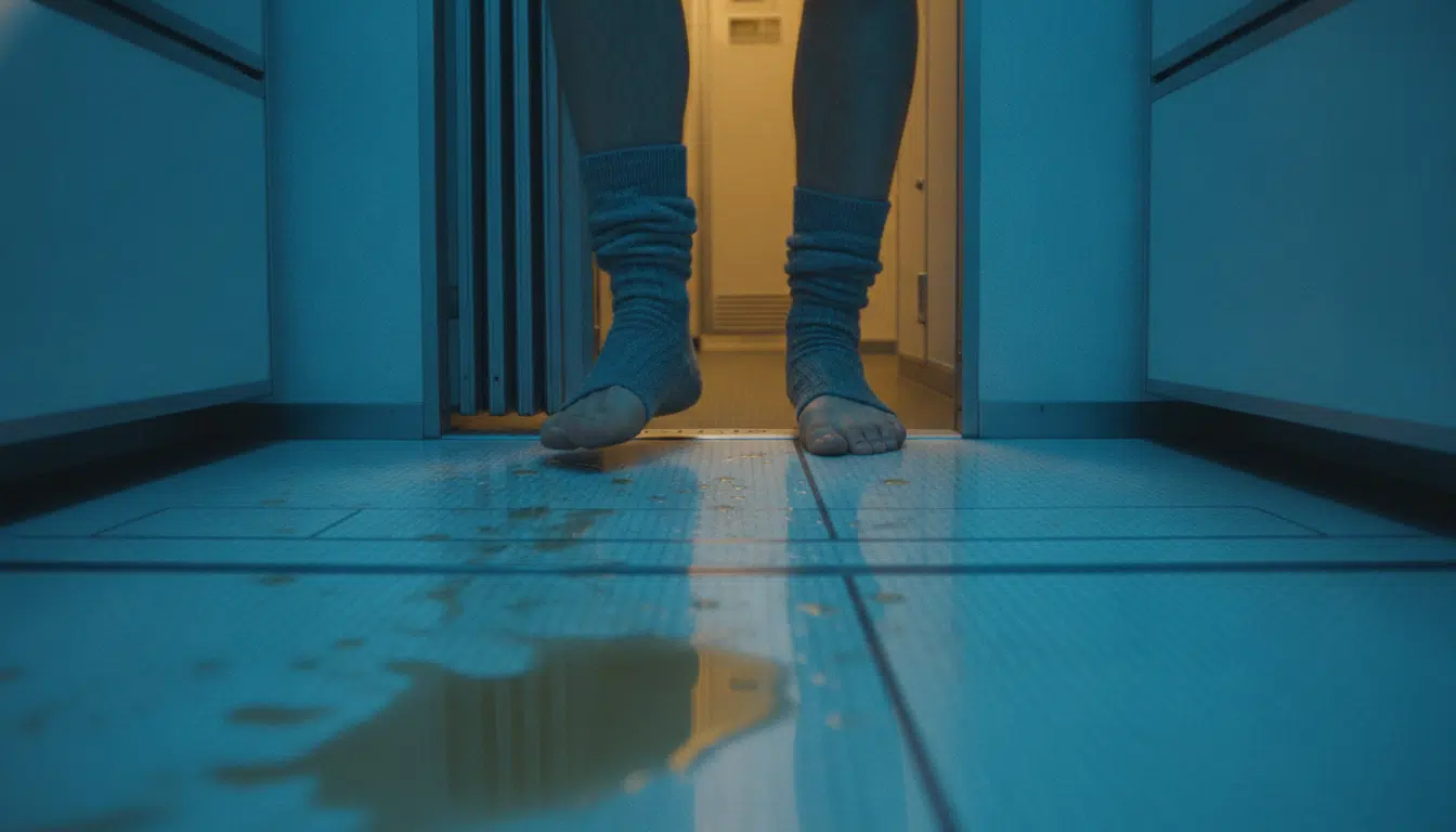 Pieds en chaussettes sur le sol mouillé des toilettes d'avion