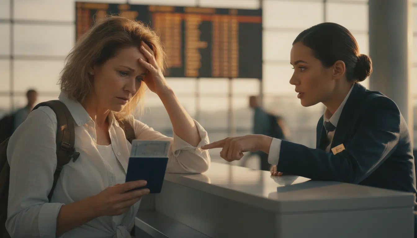 Passager stressé avec son passeport au comptoir d'aéroport