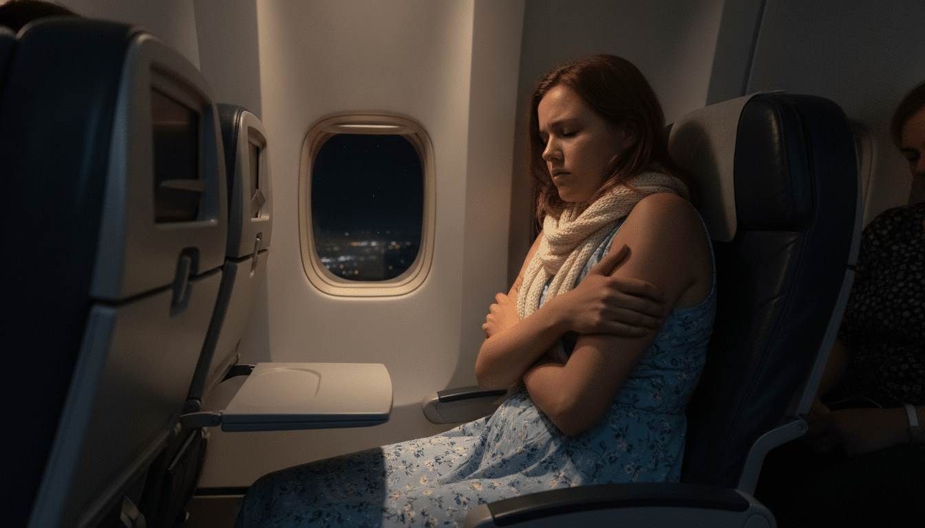 Passagère en tenue légère grelottant dans un avion