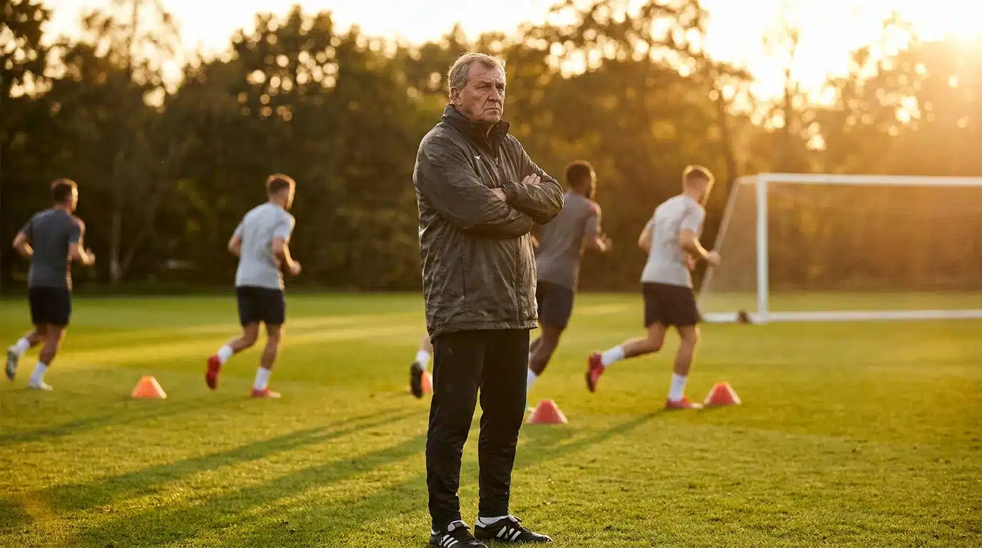 Entraîneur de football bras croisés sur un terrain d'entraînement