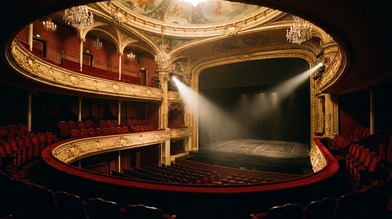 Intérieur d'un théâtre parisien vide et éclairé, fauteuils en velours rouge et balcons dorés