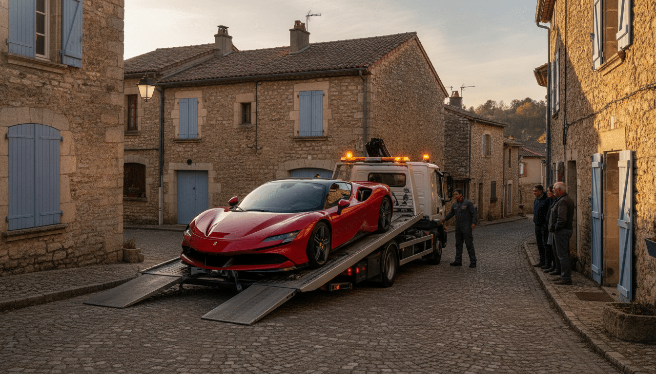 Lamborghini rouge chargée sur un camion de fourrière