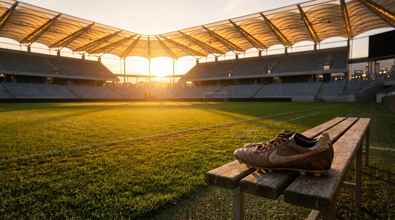 Stade de football vide au coucher du soleil avec crampons sur un banc