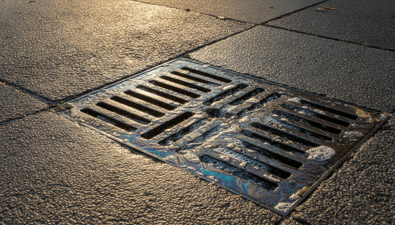 Eau savonneuse s'écoulant dans une grille pluviale