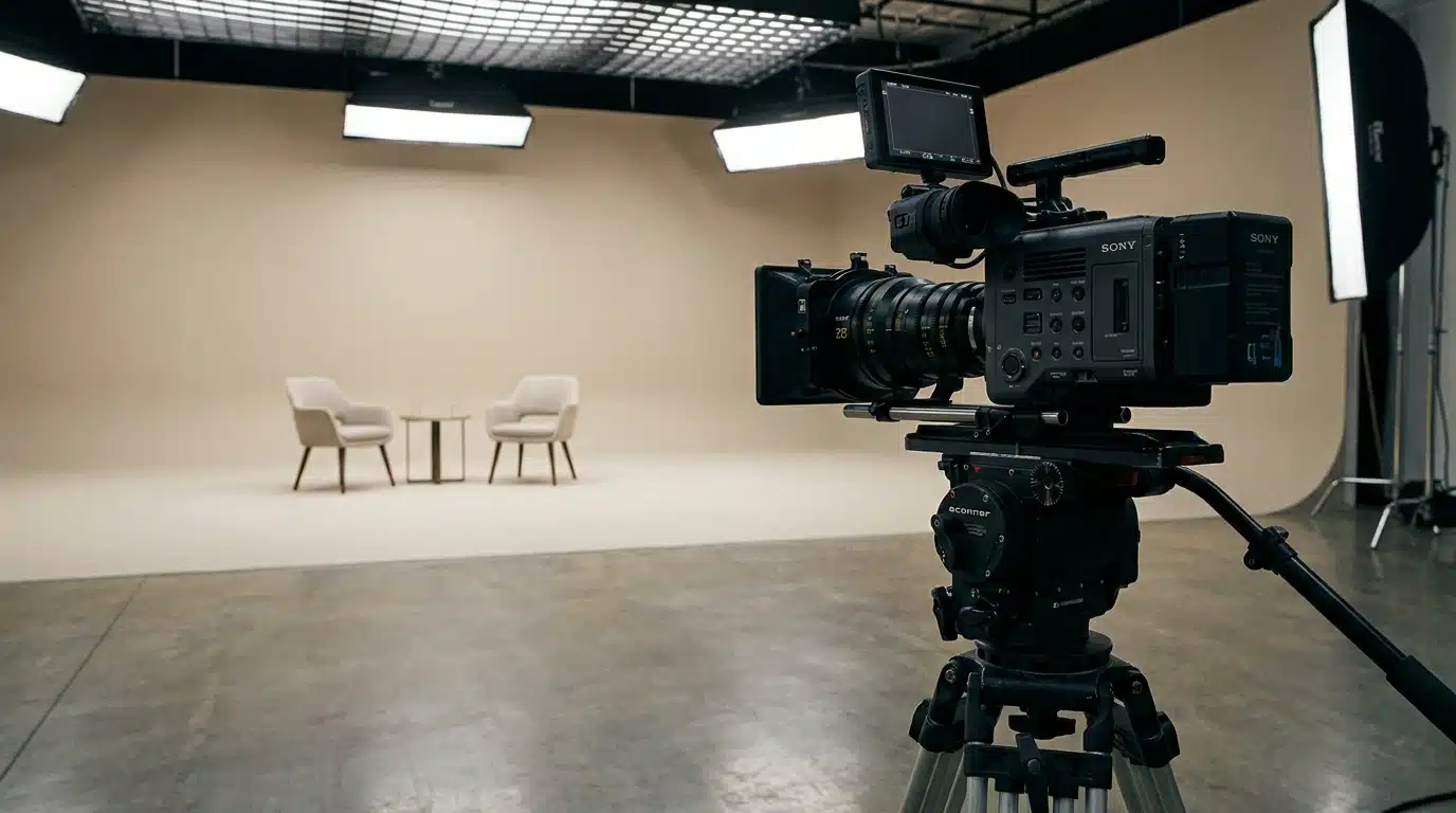 Caméra de télévision dans un studio d'interview sobre, en préparation d'un reportage