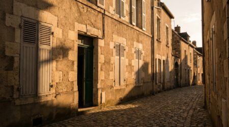 Façade d'immeuble ancien dans une rue calme de la Loire