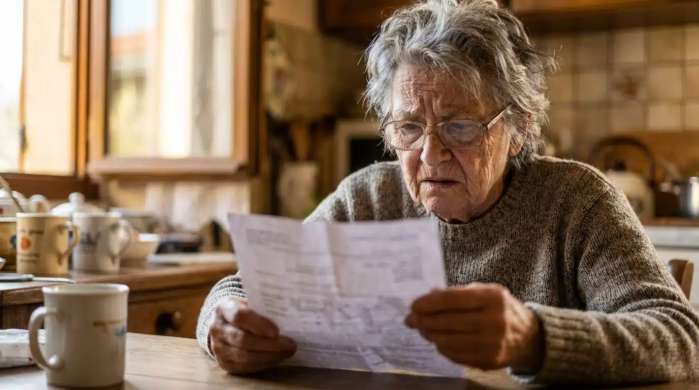 Retraité inquiet lisant un document de pension à table
