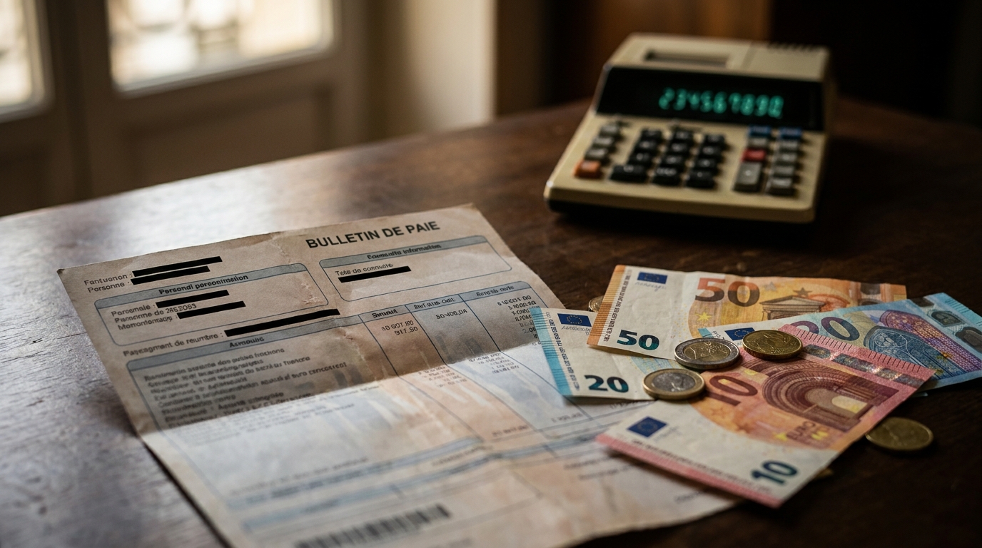 Bulletin de salaire et billets en euros sur un bureau