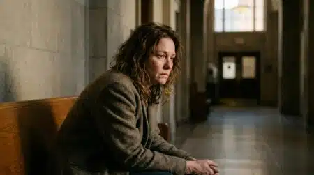 Femme seule assise sur un banc dans un couloir sombre