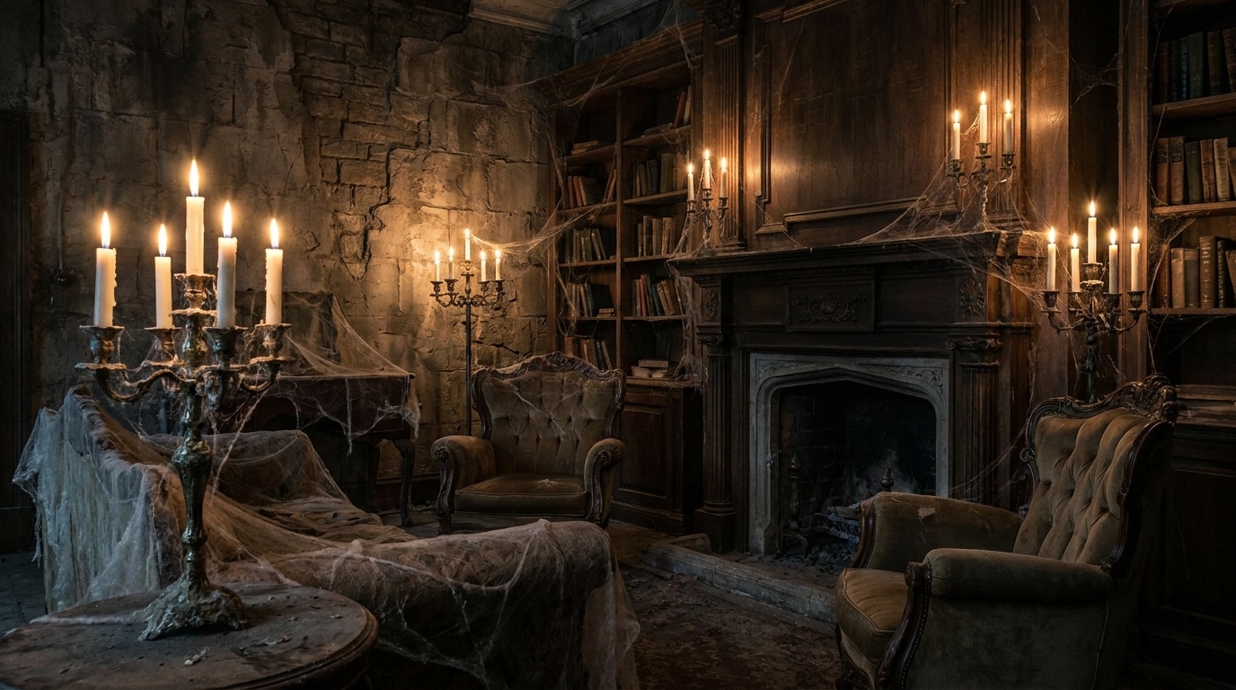 Intérieur sombre d'un manoir victorien avec bougies vacillantes et toiles d'araignées, ambiance gothique
