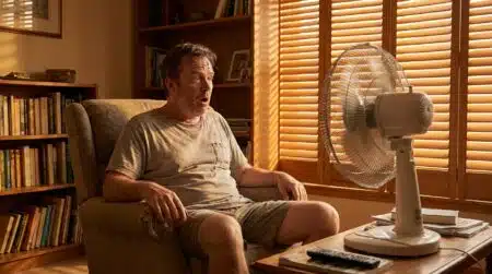 Homme perplexe devant un ventilateur en pleine canicule