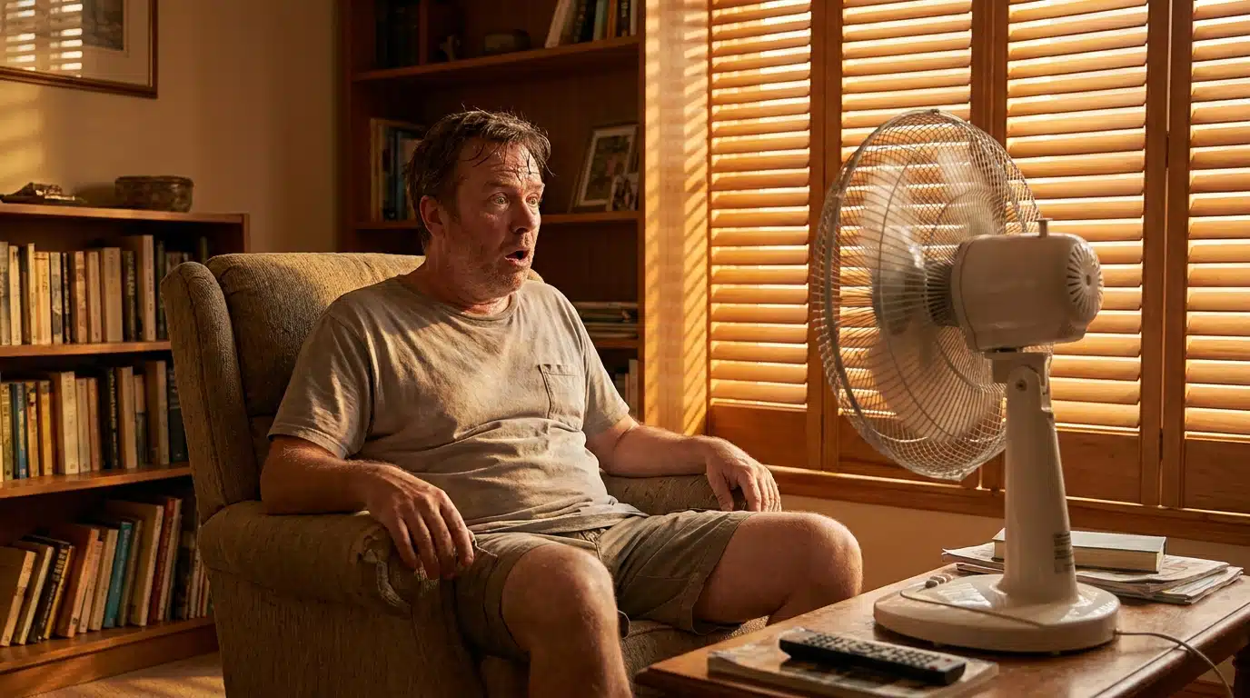 Homme perplexe devant un ventilateur en pleine canicule