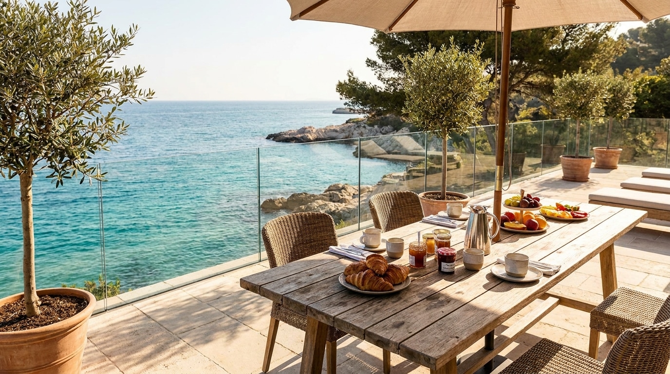 Terrasse de villa de luxe avec vue sur la mer Méditerranée à Marseille