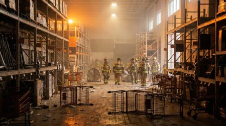 Intérieur d'un magasin de bricolage évacué avec pompiers en arrière-plan