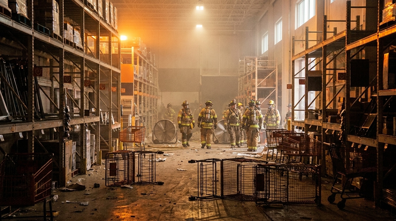 Intérieur d'un magasin de bricolage évacué avec pompiers en arrière-plan