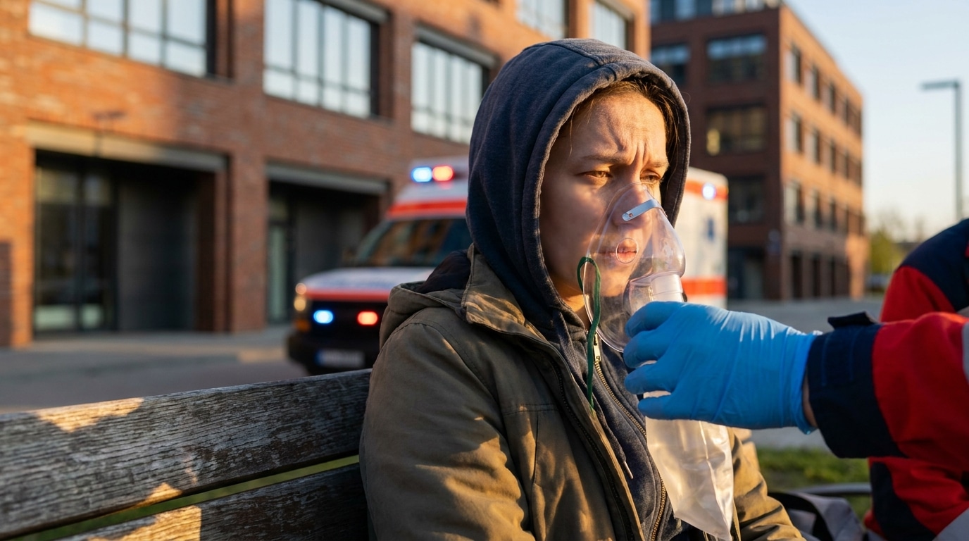 Secouriste tendant un masque à oxygène à un client assis dehors