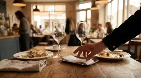 Addition de restaurant posée sur une table avec verres vides