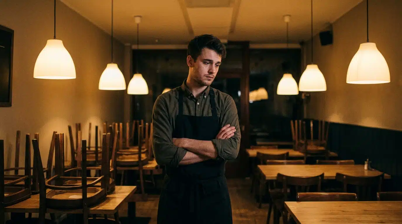 Serveur seul dans un restaurant vide avec expression soucieuse