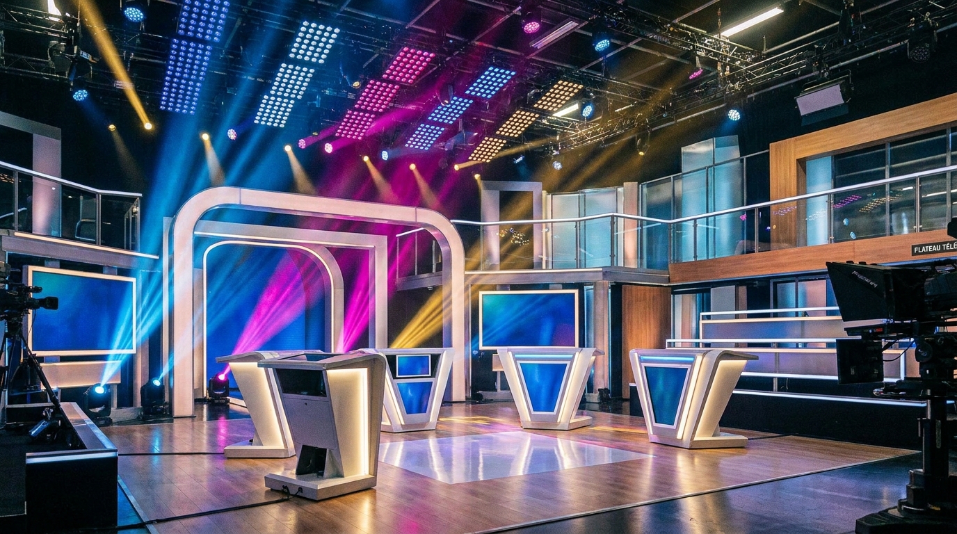Plateau de jeu télévisé vide avec pupitres et éclairages colorés
