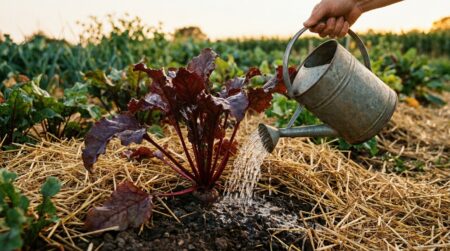 Arrosage au goulot d'une betterave paillée au potager