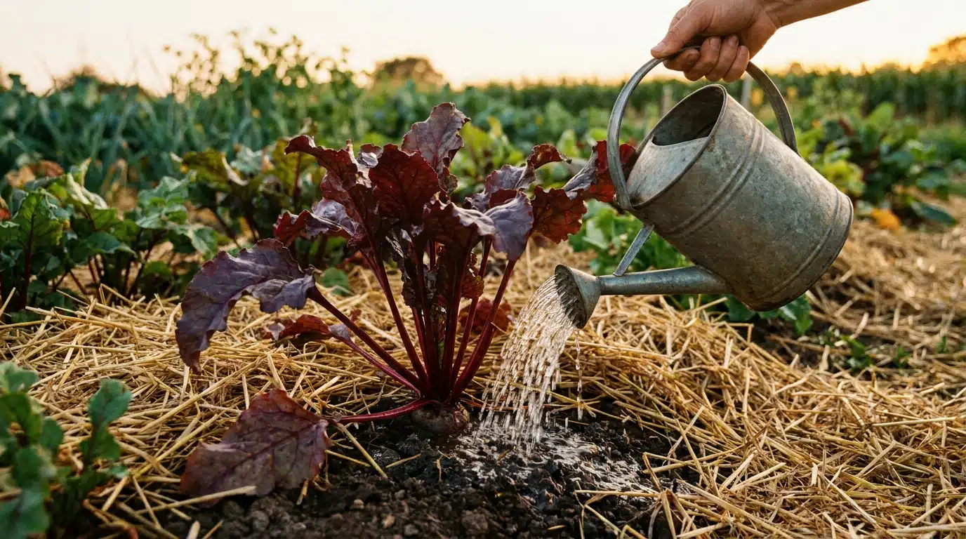 Arrosage au goulot d'une betterave paillée au potager