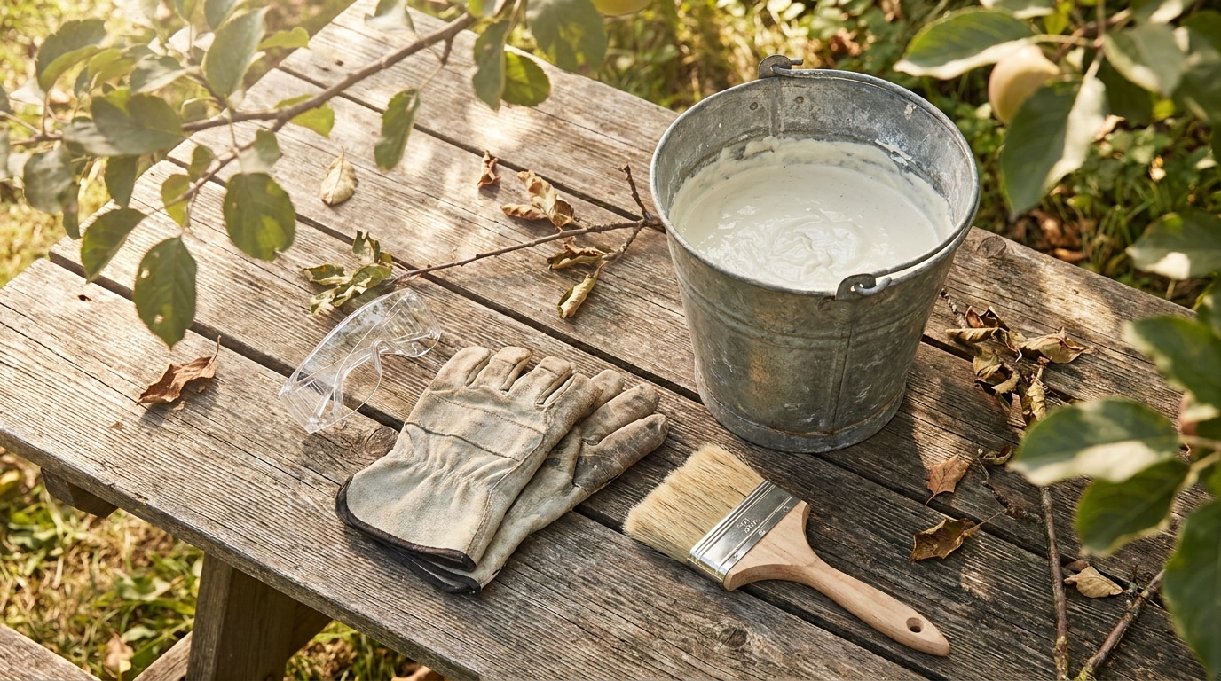 Seau de lait de chaux avec gants et pinceau sur table en bois