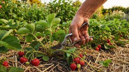 Main coupant un stolon de fraisier avec un sécateur